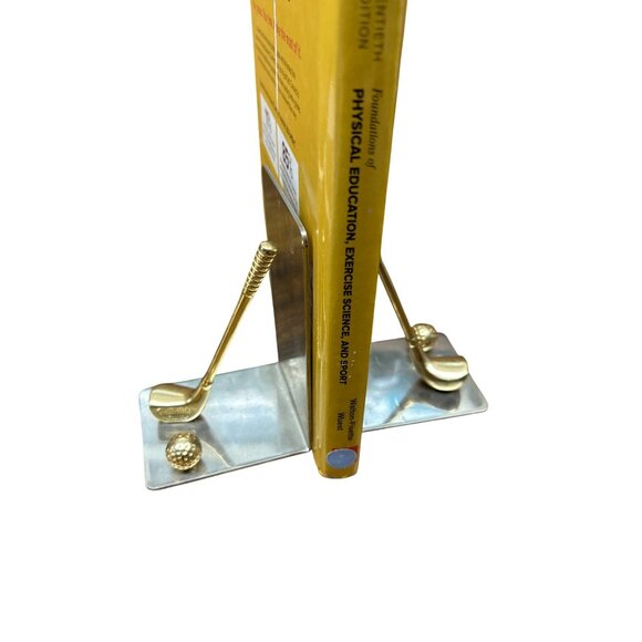 Golf-Themed Metal Bookends With Brass Golf Club & Ball Design - Picture 1 of 7
